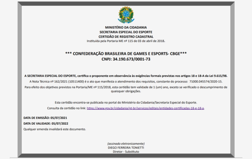 Confederação Brasileira de Games e Esports apresenta registro oficial