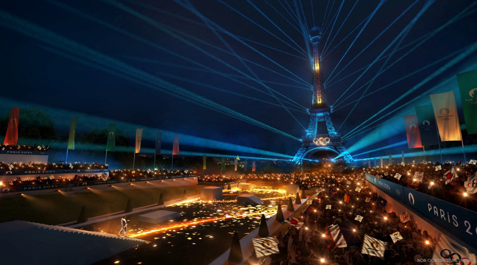 Vista Aproximada Da Bandeira Olímpica De Verão Paris 2024 Acenando