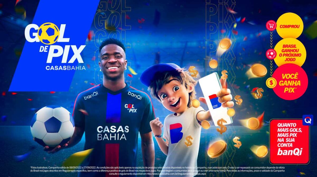 Destaque no mercado publicitário, Vinícius Júnior estrela campanha “Gol de Pix” da Casas Bahia